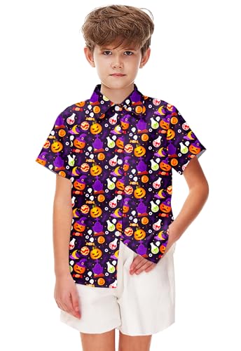 Image of Remimi Unisex Kids Halloween Shirt Boys Pumpkin Ghost Shirts Hawaii Button Up Tops 5-14 Years