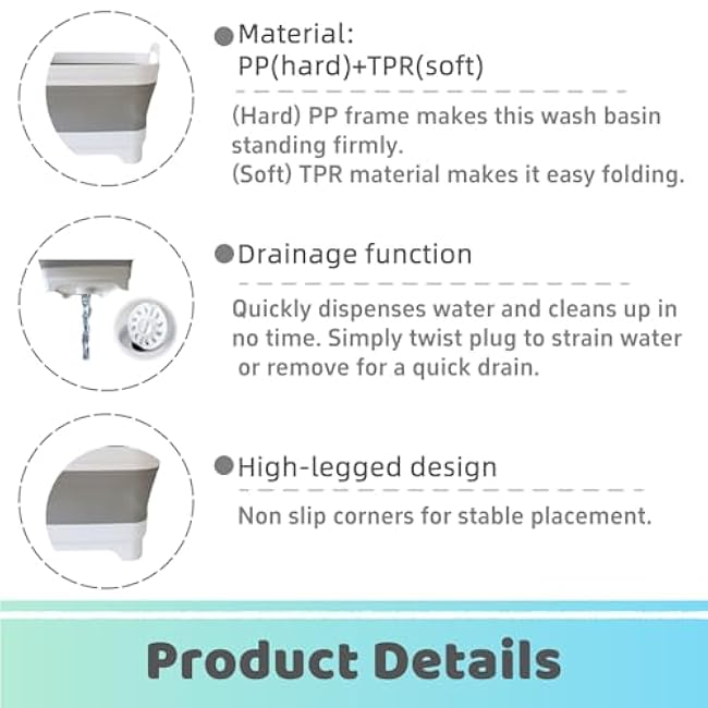 Collapsible Wash Basin for Baby Bottles - 2.4 Gallons Portable Wash Bin for RV Camping Sink, Space-Saving Dish Tub (Gray)