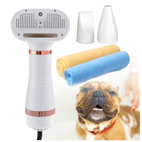Spazzola Phon per Cani, 4 in 1 Con Spazzola, 3 Impostazioni Temperatura Regolabile Asciuga Cani, E Panno Super Assorbente per Cani e Gatti,white