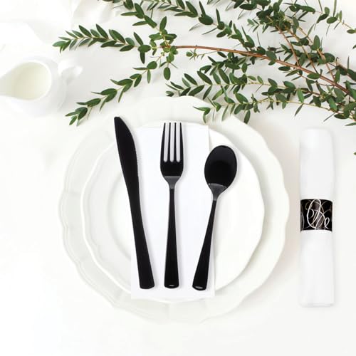Party Essentials - N501732 Extra Heavy Duty Cutlery Kit with Black Fork/Knife/Spoon and 3-Ply White Napkin (Case of 300 rolls)