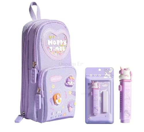 Image of Kawaii Cute Pencil Pouch with Push Pull Eraser Set for Kids,Premium Canvas Zipper Stationery Organizer Box with Cartoon Design | School Supplies Gift Combo for Boys & Girls (Happy Purple + Eraser)