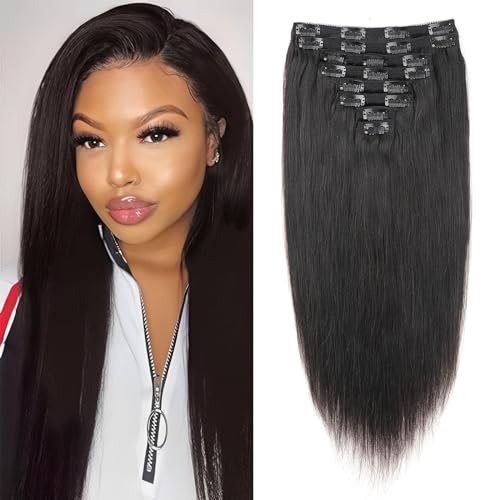Straight Extensiones de Clip de Pelo Natural.8 piezas 120g.Extensiones de cabello humano invisibles Clip in.Negro natural Clip ins para mujeres negras.12 Inch.18 Clips.