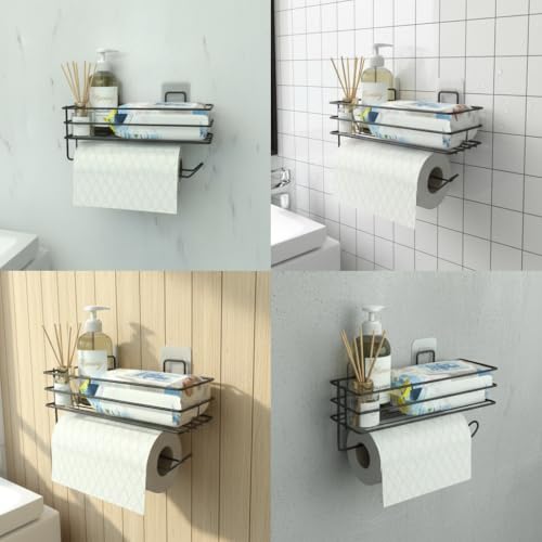 Teome Yapışkanlı Raflı Kağıt Rulo Havluluk Peçetelik Havlu Kağıltlık Siyah Banyo Mutfak Düzenleyici Raf