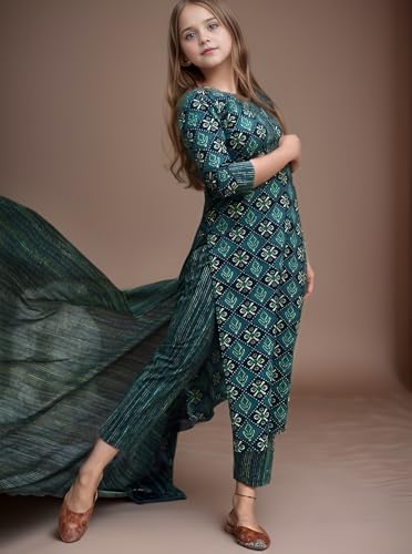 Image of Girls Printed Pure Cotton Kurta Pant with Dupatta