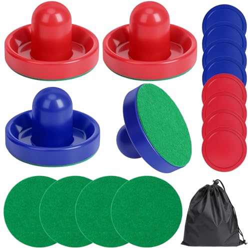 Coopay Air Hockey Paddles and Pucks, Air Hockey Pushers with Nylon Storage Bag, Goal Handles Paddles Replacement Accessories for Game Tables(4 Pushers 96mm with Pads, 8 Pucks 64mm)