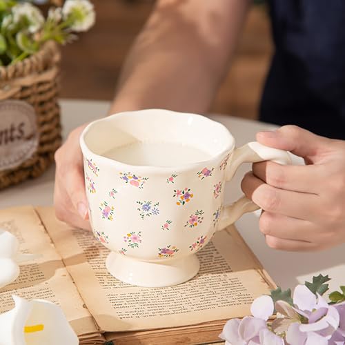 Image of Hiceeden Set of 2 Vintage Flower Coffee Mug, 14 oz Cute Ceramic Floral Coffee Cup, Unique Teacups Coffee Mugs with Base for Milk, Latte, Cocoa, Gift for Women, Black & Beige