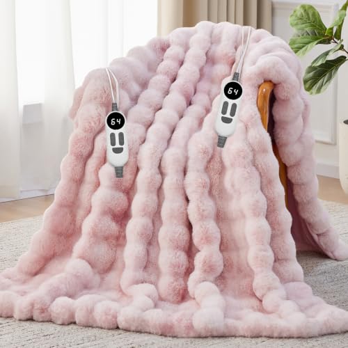 Anysay Heated Blanket Throw with 1/2/3/4/5/6/7/8/9/10 Hours Auto-Off 6 Heat Levels, 84" * 90" Cozy Faux Rabbit Fur Bubble Electric Blanket with Overheat Protection(Tie-Dye Pink)