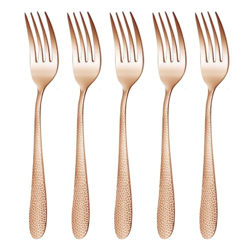 Image of 8.1 inch Hammered Rosegold Dinner Forks | 5-Piece Premium Stainless Steel Flatware Set | Elegant Dishwasher-Safe Cutlery for Home, Restaurants, and Gift Giving