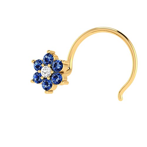 Demira Jewels 14K Yellow Gold Real Blue Sapphire And Diamond Flower Wedding Nose Piercing Ring Stud Pin #TOP14