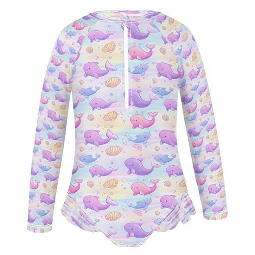 Cute Purple Dolphin A Girls Long Sleeve Swimsuits One Piece Zipper Bathing Suit UPF 50+ Rashguard Swimwear2