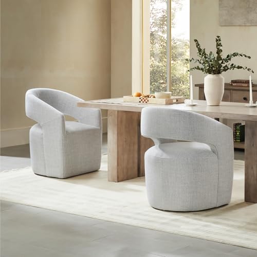Image of KISLOT Upholstered Dining Chairs with Casters, No Assembly Modern Barrel Armchair with Rollers for Dining Room, Bedroom, Living Room, Reading Room, Home Office, Set of 2, Light Grey