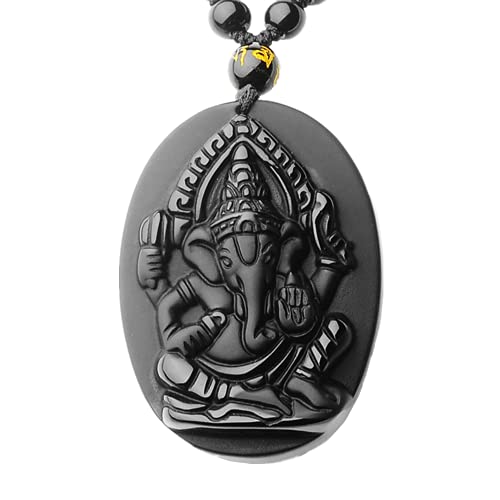 ASGIFT Genasha Necklace Natural Obsidian Elephant God Talisman Protection Pendant with Adjustable Bead Chain Indian Lucky Elephant Spiritual Jewelry Gifts for Men Women