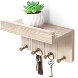 Rebee Vision Farmhouse Key Holder Wall Mount - Key and Mail Holder for Wall with Mini Floating Shelf and 4 Key Hooks - Perfect for Apartment Essentials (Natural Wood)