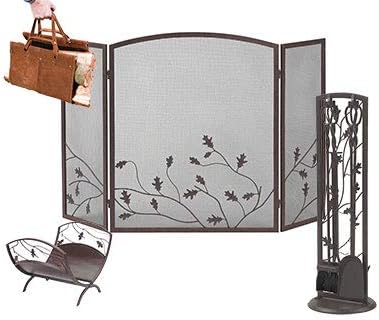 Panacea Oak Leaf Fireplace Collection, Colonial Brown, Coordinated Hearth Set with Three Panel Firescreen, Fireplace Tool Set, Log Bin, and Leather Log Tote for Indoor Fireplace Storage and Décor