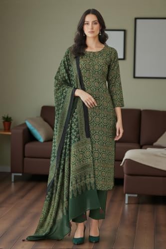 Image of Eddika naturally dyed women's unstitched 2-piece Ajrakh Hand Block Printed Modal Silk dress material. (Top & Dupatta) Endmstpss029