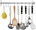 Kitchen Sliding Hooks, Stainless Steel Hanging Rack Rail Organize Kitchen Tools with 10 Utensil Removable S Hooks for Towel, Pot Pan, Spoon, Coats, Bathrobe, BBQ,Wall Mounted Hanger