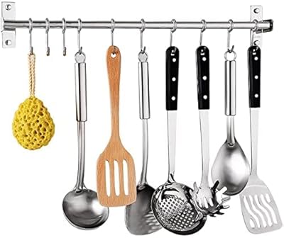 Kitchen Sliding Hooks, Stainless Steel Hanging Rack Rail Organize Kitchen Tools with 10 Utensil Removable S Hooks for Towel, Pot Pan, Spoon, Coats, Bathrobe, BBQ,Wall Mounted Hanger