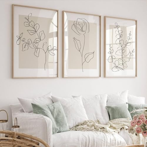 DAMAIART Juego de 3 impresiones botánicas neutras, impresiones de arte lineal de plantas, decoración de pared minimalista beige para dormitorio y sala de estar modernos, 30 x 45 cm x 3, sin marco