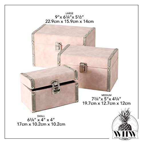 Set Of 3, Pale Pink And Grey Decorative Baby Trunks, Stackable, Faux Suede Over Wood, Silver Metal Hardware, Flip Latch, Studs, White Stitched Details, Fabric Lining, Wood, 9, 7.75, 6.75 Inches #TOP2