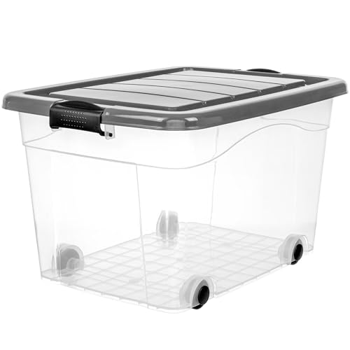 KONZEPT Aufbewahrungsbox 40L mit Deckel & hochwertigen Rollen – BPA-frei, stapelbar, stabile Verschlüsse, Transparent – für Haushalt & Büro