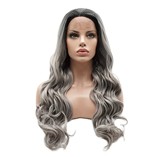 Lushy Hair Synthetic Lace Front Wig Wavy Long 24inch Dark Root Gray Ombre Wig Full Density Realistic Wig