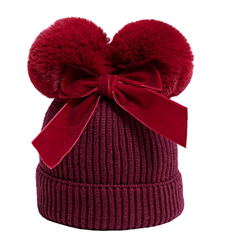 Image of YATEEN Infant Toddler Baby Knitting Woolen Hat Winter Warm Double Pompom Beanie Cap with Bow