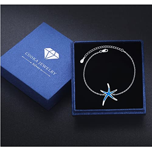 Image of Cuoka Starfish Bracelet 925 Sterling Silver with White Fire Opal Chain Bracelets Ocean Jewelry Birthday For Women
