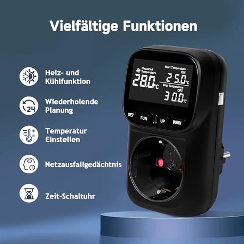 Temperatursteuerung Steckdose 16A/3680W -40°C~120°C, Digitales Thermostat, 5M + 2M Kabel Sensoren, Heizen/Kühlen, Zyklustimer/Countdown- Schwarze