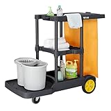 TUFFIOM Commercial Traditional Cleaning Janitorial 3-Shelf Cart, 500 Lbs Capacity Housekeeping Cart, 42.5' L x 18.7' W x 37.6' H, Wheeled with 22 Gallon Yellow VinylBag and Cover w Lid, Black