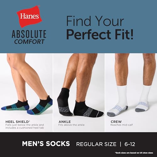 Image of Hanes Men's Socks, Absolute Comfort Cushioned Moisture-wicking Seamless Toe, 4 Pack, Ankle, Crew and Heel Shield Socks