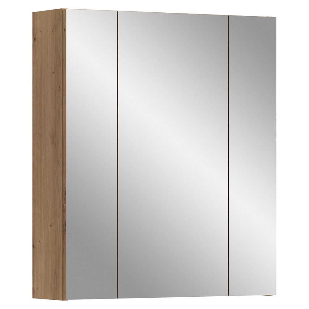Lomadox Badezimmer Badschrank Spiegelschrank mit 60 cm Breite in Eiche, 3 Spiegeltüren mit 3D-Funktion