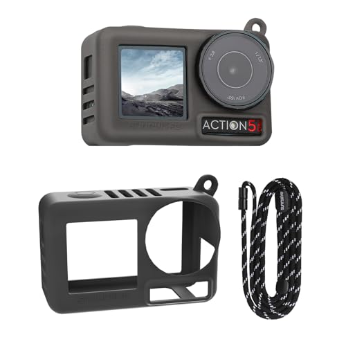 DJI OSMO Action 5 Pro用シリコンカバー&ストラップ - osmo Action 5 Proアクセサリー用調節可能なネックストラップ、レンズカバーと互換性あり(ブラック)