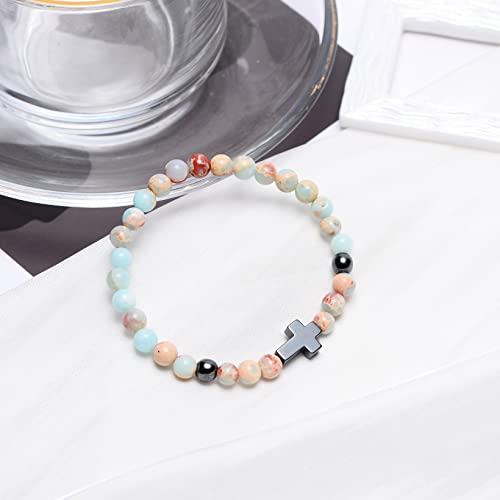 Softones 6Mm Cross Beaded Bracelet For Girls Women Natural Stone Stretch Link Prayer Bracelet For Boy Girls,7.1" #TOP3