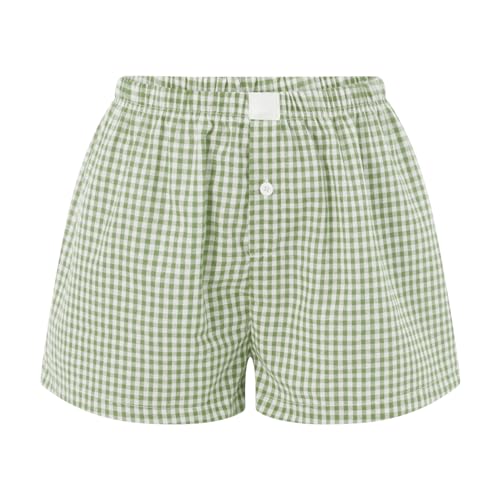 Image of Women Pajamas Shorts Micro Boxer Shorts Y2K Cute Gingham Sleep Lounge Shorts Checkered Plaid Button Pj Mini Shorts