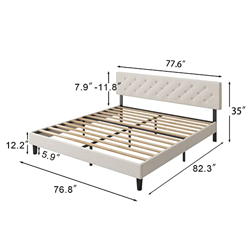 Hombck King Size Bed Frame With Button Tufted Headboard, Modern Upholstered Bed Frame King With Sturdy Wood Slat Support, Mattress Foundation, No Box Spring Needed, Beige #TOP1