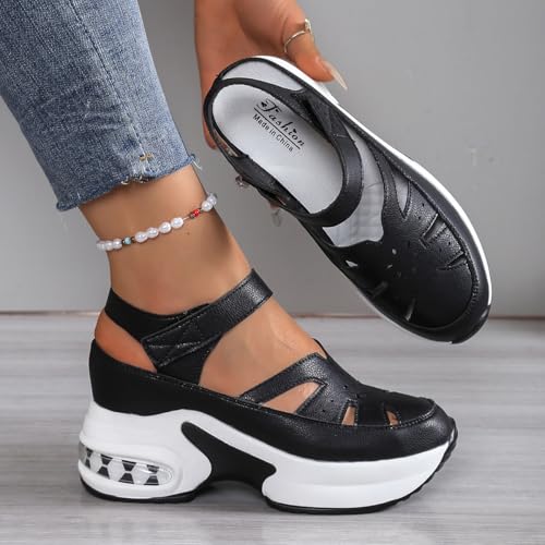 Women's Hollow Out Breathable Platform Wedge Sandals Sneakers,Closed Toe Orthopedic Sandals for Women Wide Width Adjustable Leather White Sandal3