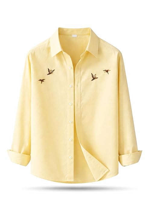 Image of Men's Cotton Blend Casual Wear with Bird Embroidery | Regular Fit Full Sleeve Button Down | Lightweight Summer Style for Daily, Office & Party