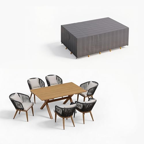 Image of PURPLE LEAF 7 Pieces Patio Dining Set with Waterproof Furniture Cover Rectangular Table and Chairs Set for Garden Deck Aluminum Frame Backyard Kitchen Set, Cushions and Pillows Included Teak