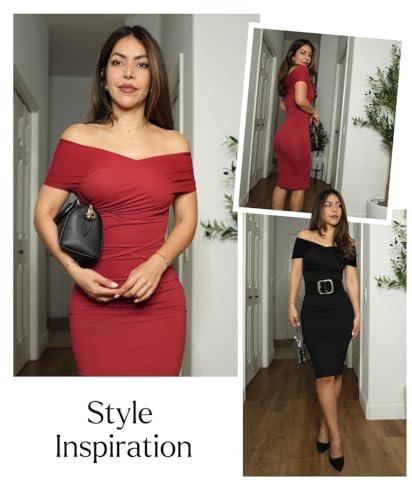 Image of Popilush Women's Shapewear Midi Dress Off Shoulder Wrap V Neck Formal Wedding Guest Cocktail Dresses Bodycon Evening Gowns