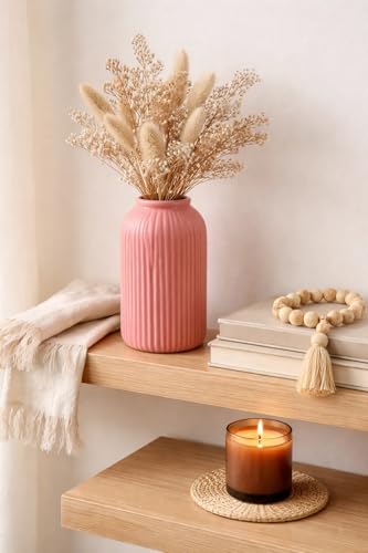 Image of SPHINX Ribbed Pipe Ceramic Vase, Flower Vase, Pampas Grass Vase, Vase for Money Plant Live Plants for Home, Office, or Gifts NO Flowers- (Glossy Pink, 6 inch)