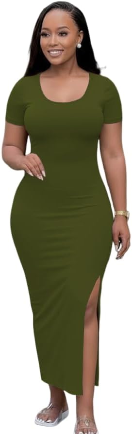 Womens Bodycon Maxi Dress Casual U-Neck Short Sleeves Side Split Plain Solid Sexy Sundress Long Summer Dresses