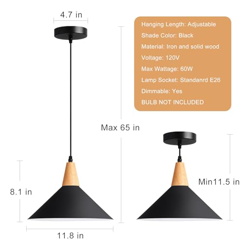 Eustace Modern Black Pendant Light Fixtures, 11.8 Inch Farmhouse Wood Pendant Lighting, Industrial Cone Hanging Lights For Kitchen Island,Dining Room,Hallway,Barn,Entryway,Restaurant thumb #6