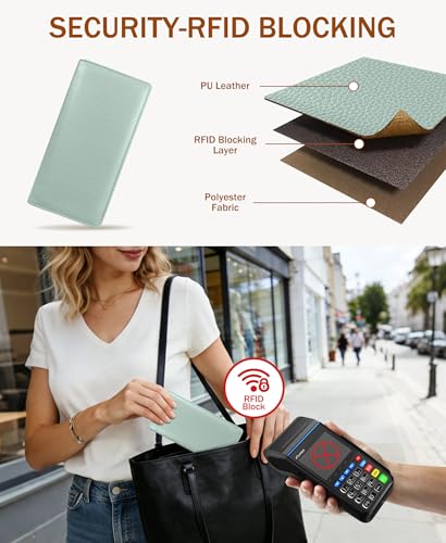 Image of Immaturus Light Green Womens Wallet, Slim Thin RFID Blocking Card Wallets, PU Leather Bifold Credit Card Holder Organizer, Minimalist Cash Clutch Long Billfold with Zipper Coin Pocket Ladies Girl Gift