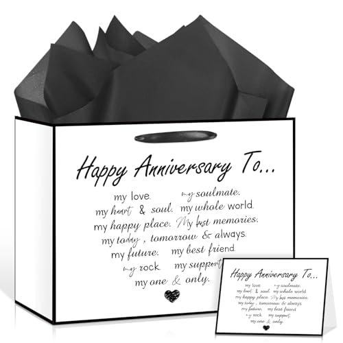 Happy Anniversary Heart Gift Bag For Lover Partner Men Women Black Romantic Wedding Anniversary White Gift Bags Wrapping Paper Card Heart Anniversary Party Favor Bag Husband Wife Boyfriend Girlfriend Couple Fiance