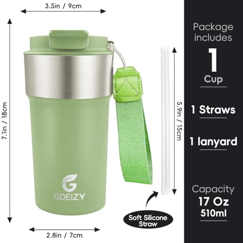 Image of Insulated Travel Coffee Mug, 17oz Stainless Steel Leakproof Flip Straw Cup