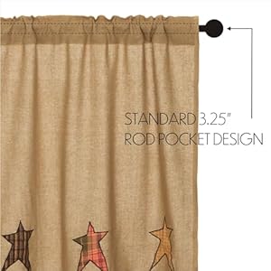 VHC Brands Stratton Primitive 63x36x18 Burlap Star Prairie Panel Pair Tan Rod Pocket Appliqued Cotton Drawstring Ties Window Curtains