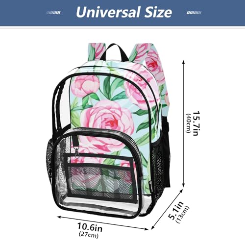 Clear Bag for Women Travel Kids Girls Backpack Boys Approved See through Bag Watercolor Pink Peony Flower4