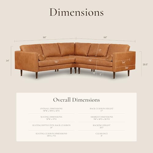 Image of Poly & BARK Napa 98 inch Leather Corner Sectional Sofa - Full-Grain Italian-Tanned Aniline Leather, Feather-Down Comfort, Solid Wood Frame - Cognac Tan