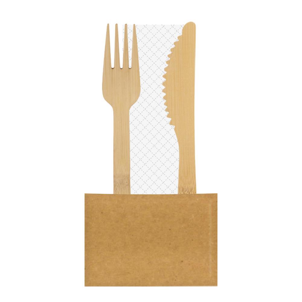 FRANZ MENSCH 500 Stück Byò Byò Bestecksets Double | Bambus, braun, L: 16,5cm, Karton, Einwegbesteck Set, Einweggeschirr Set aus Holz, Biologisch abbaubares Einwegbesteck, Holzbesteck, Einweg Gabel