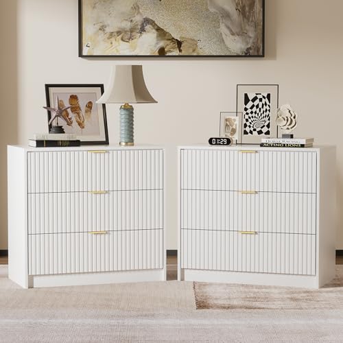 Image of Furniway Fluted Nightstands Set of 2, 31.5 inch Large Bedside Tables with 3 Drawers, Modern Wood Night Stands with Storage for Bedroom, White